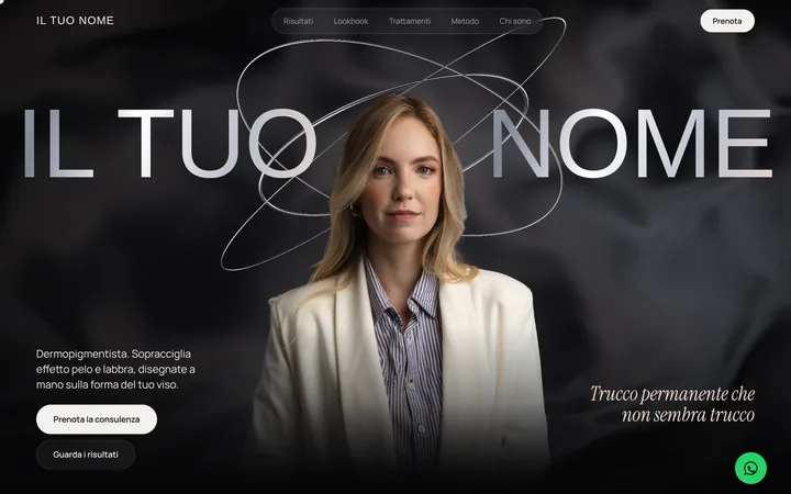 Sito scuro per chi fa trucco permanente, con il ritratto e il nome a tutto schermo