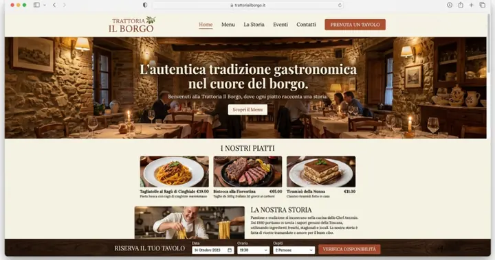 Sito di una trattoria con menu e prenotazione tavoli